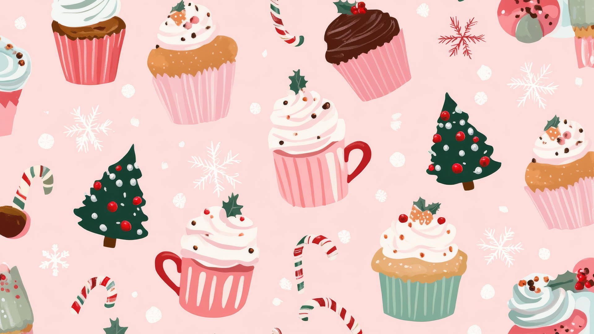 cute preppy Christmas wallpaper with cupcakes, cookies, and hot cocoa mugs on a pastel pink background