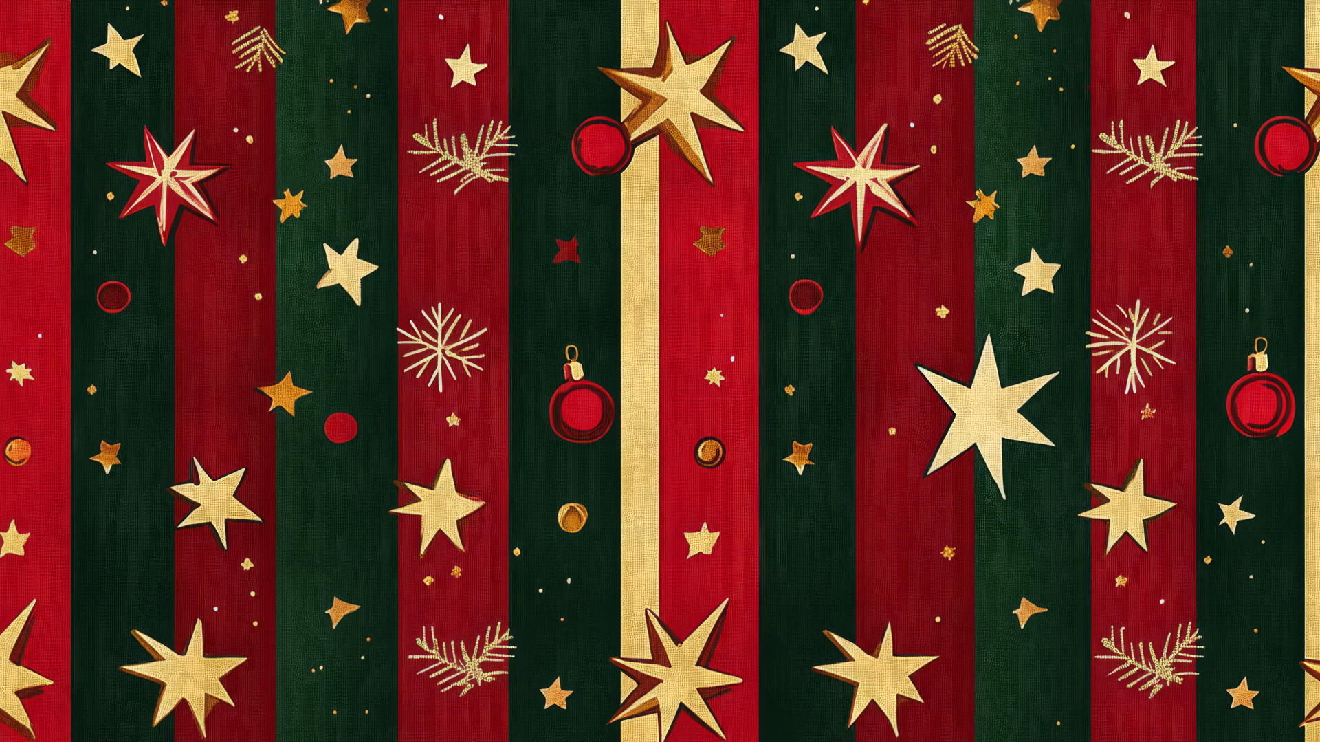 cute preppy Christmas wallpaper with stars, stripes, ornaments, and bells in red, green, and gold