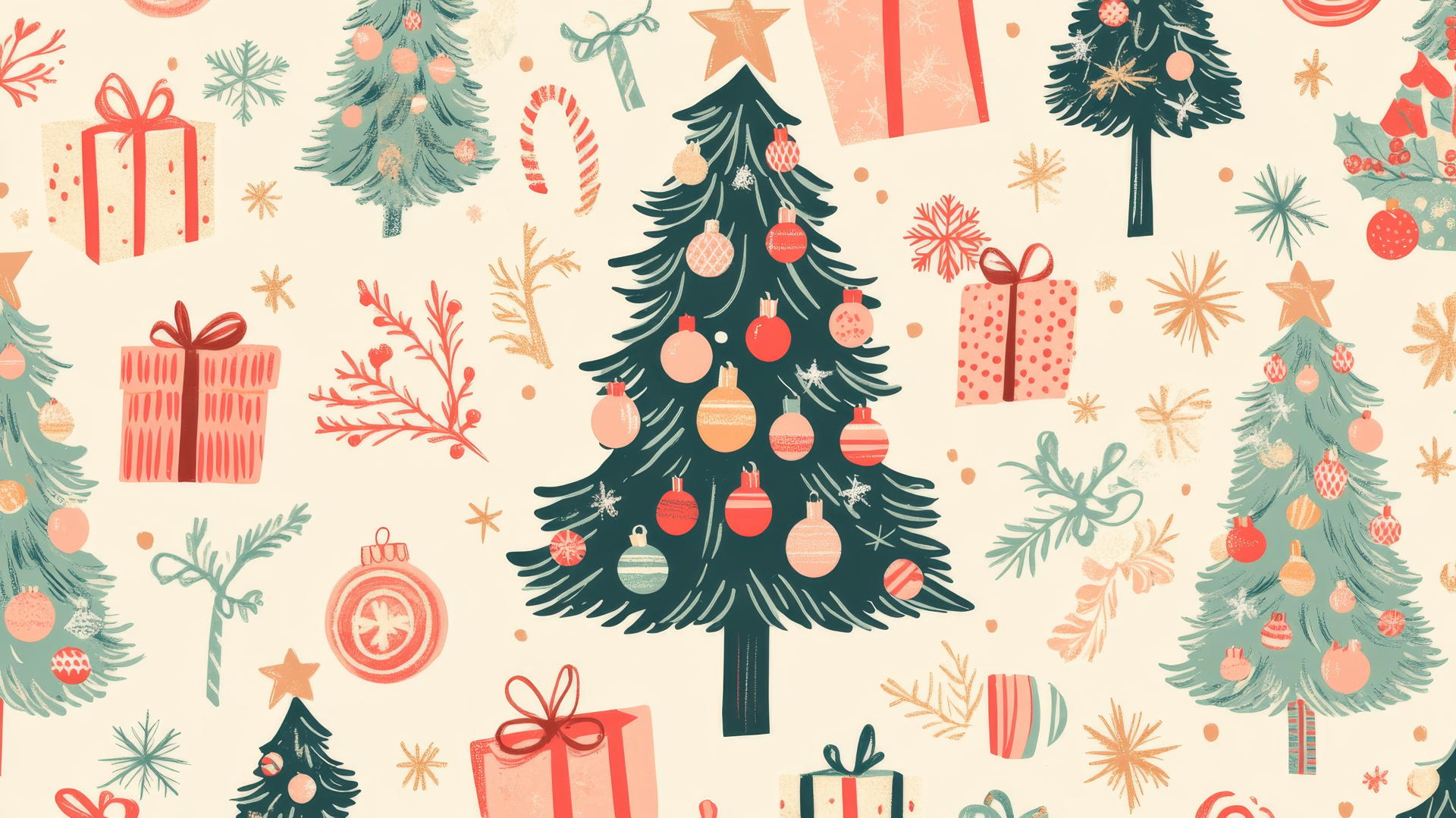 cute preppy Christmas wallpaper with Christmas trees, ornaments, and presents