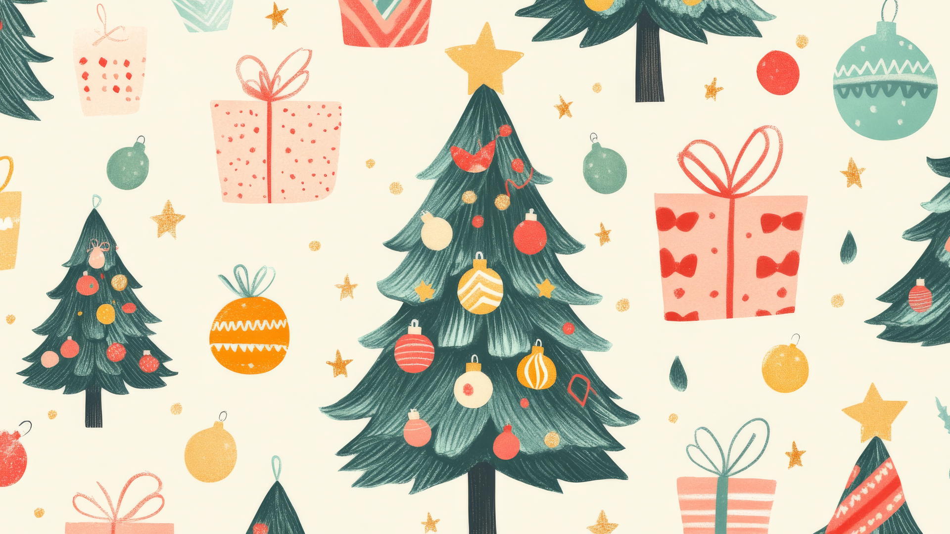 cute preppy Christmas wallpaper with colorful ornaments and pastel presents