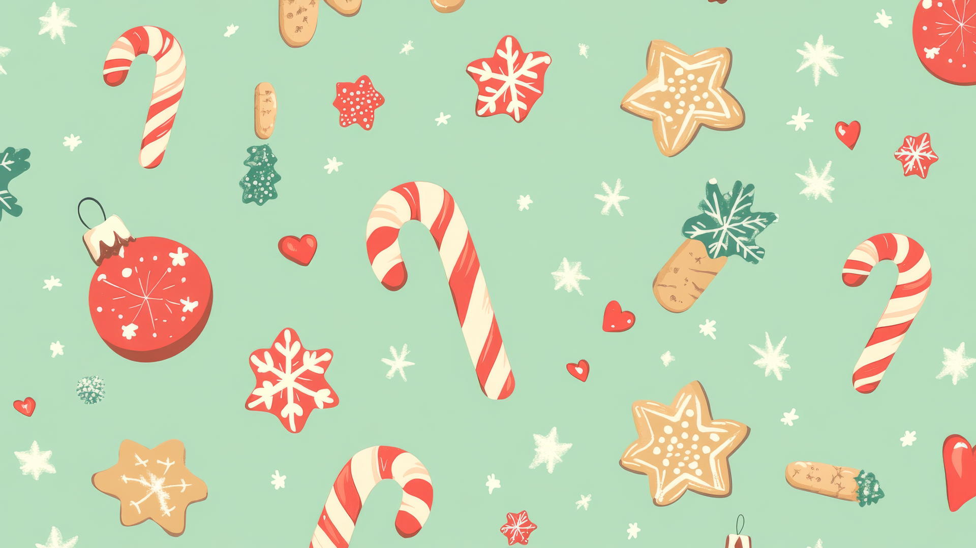 Cute Christmas wallpaper preppy with candy canes, gingerbread cookies, and stars on pastel green background.