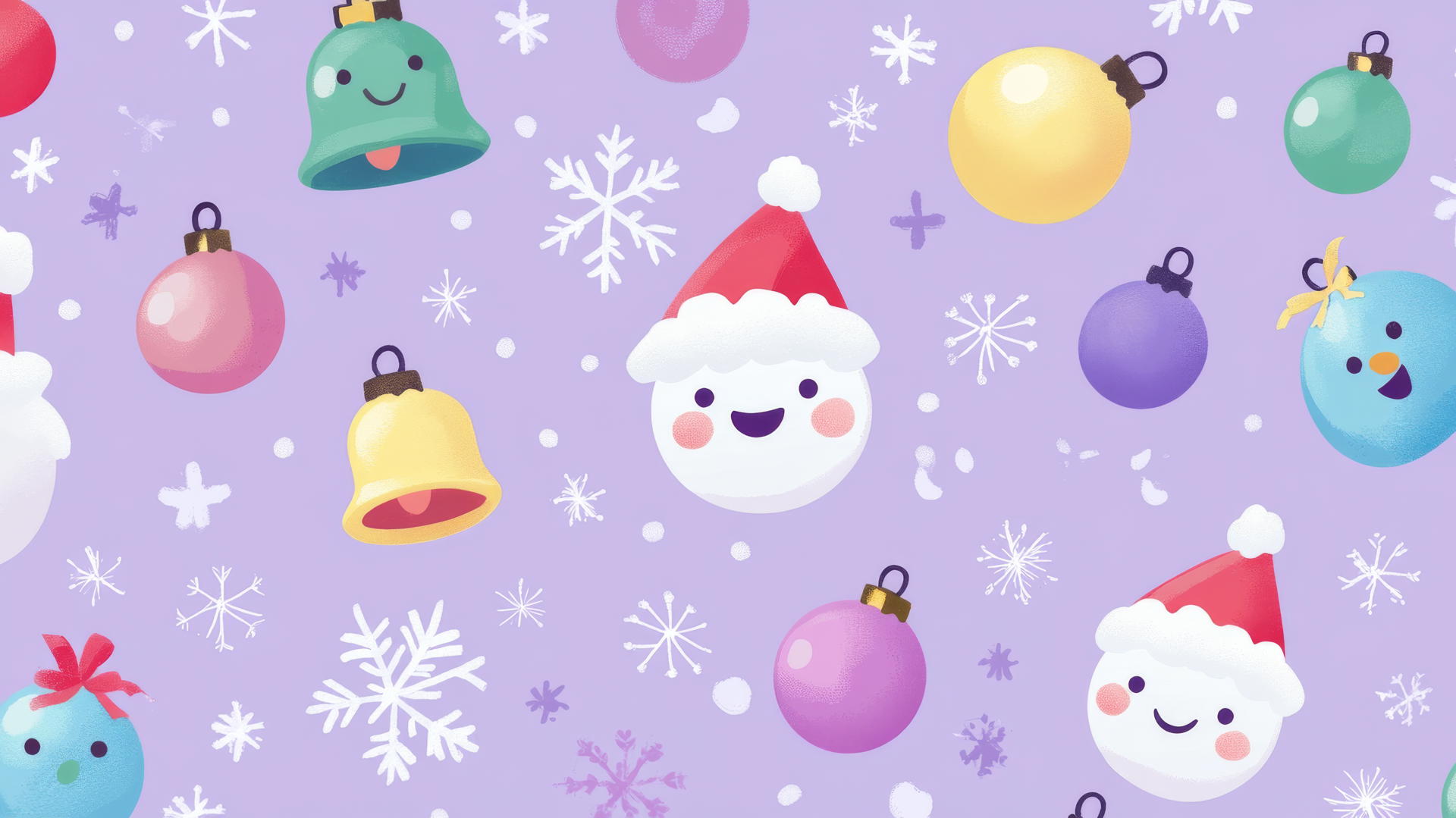 cute Christmas wallpaper preppy with smiling snowflakes, Christmas bells, and baubles on pastel lavender background