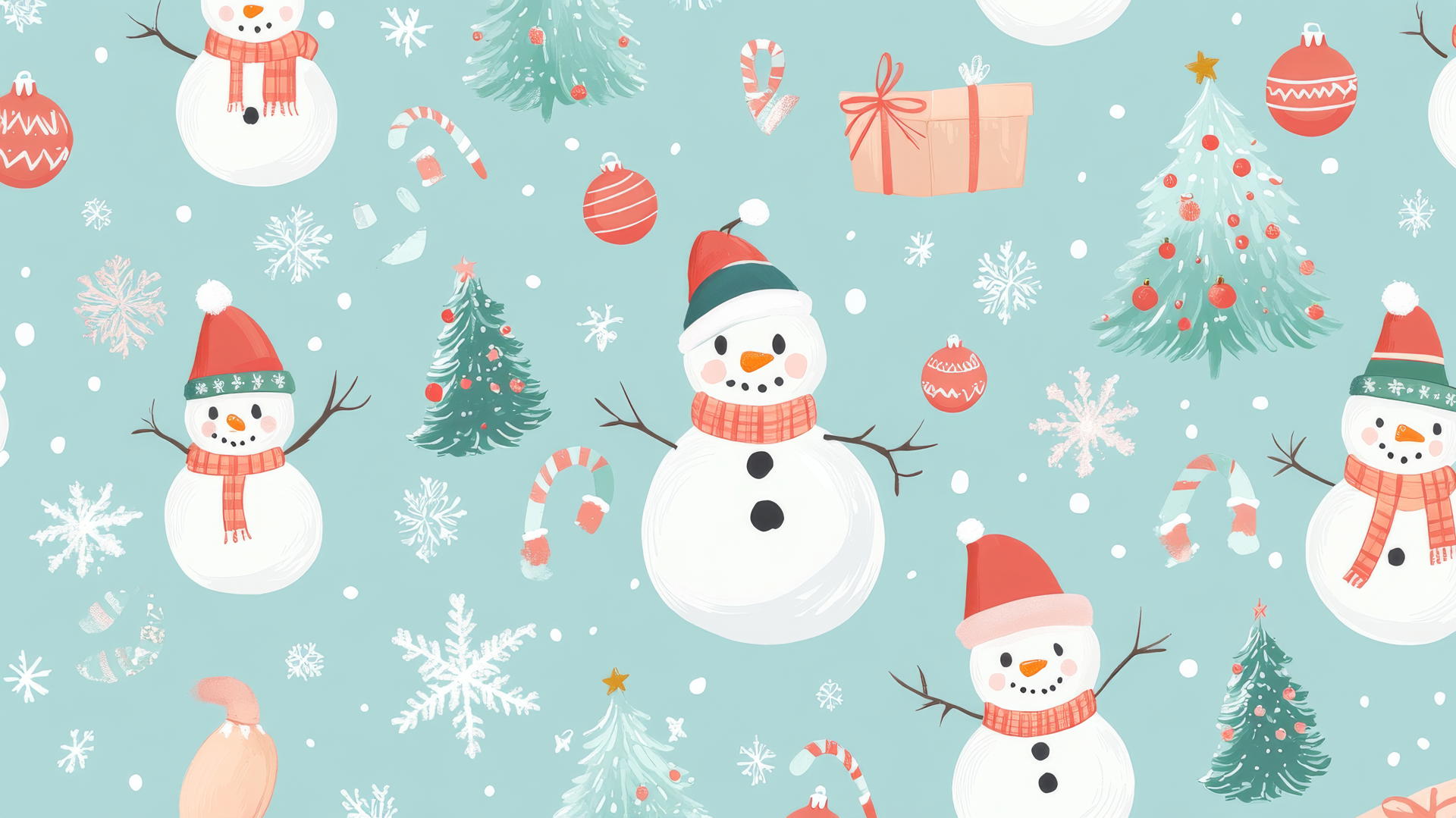 cute Christmas wallpaper preppy with snowmen, trees, and ornaments on pastel blue