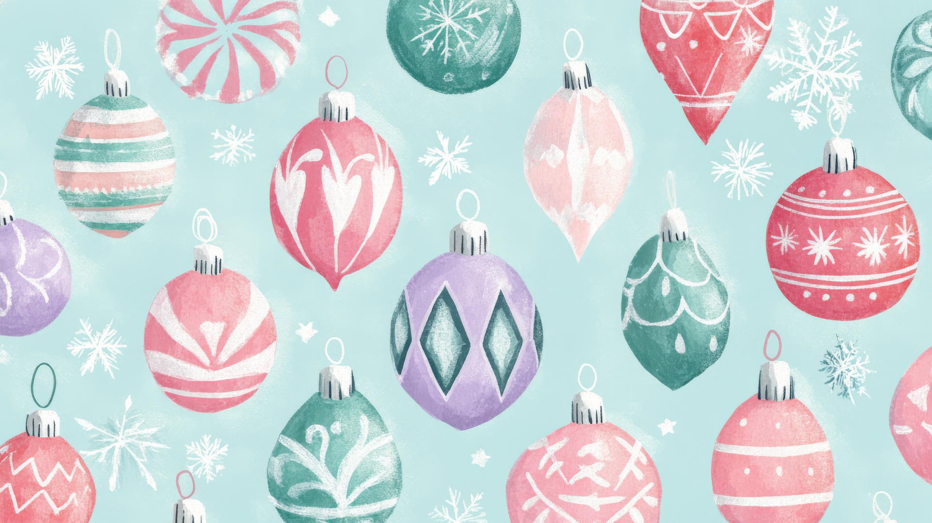 preppy wallpaper christmas with vintage pastel ornaments, snowflakes, and tinsel