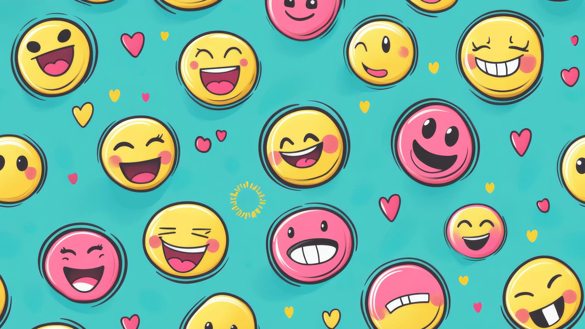 preppy wallpaper with colorful cartoon emoticons on teal background
