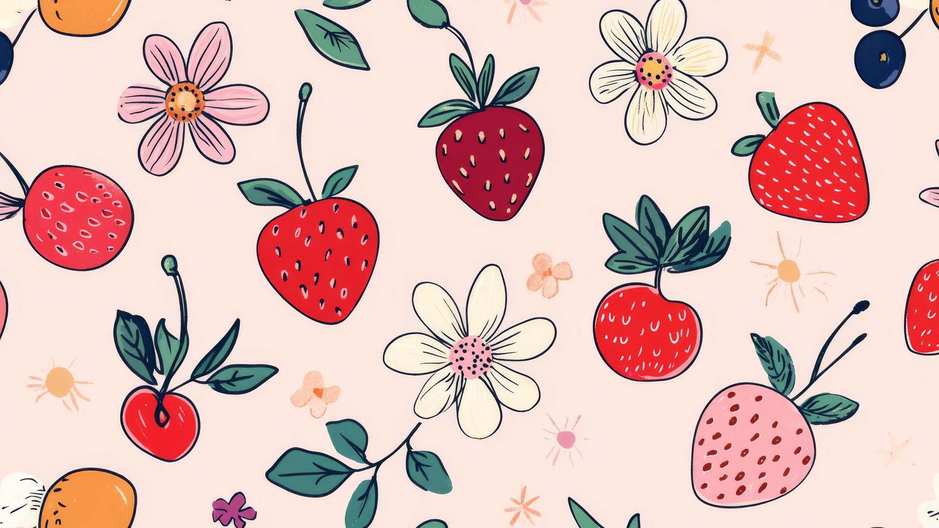 Preppy wallpaper with cute doodles of strawberries, cherries, and flowers on a light pink background.
