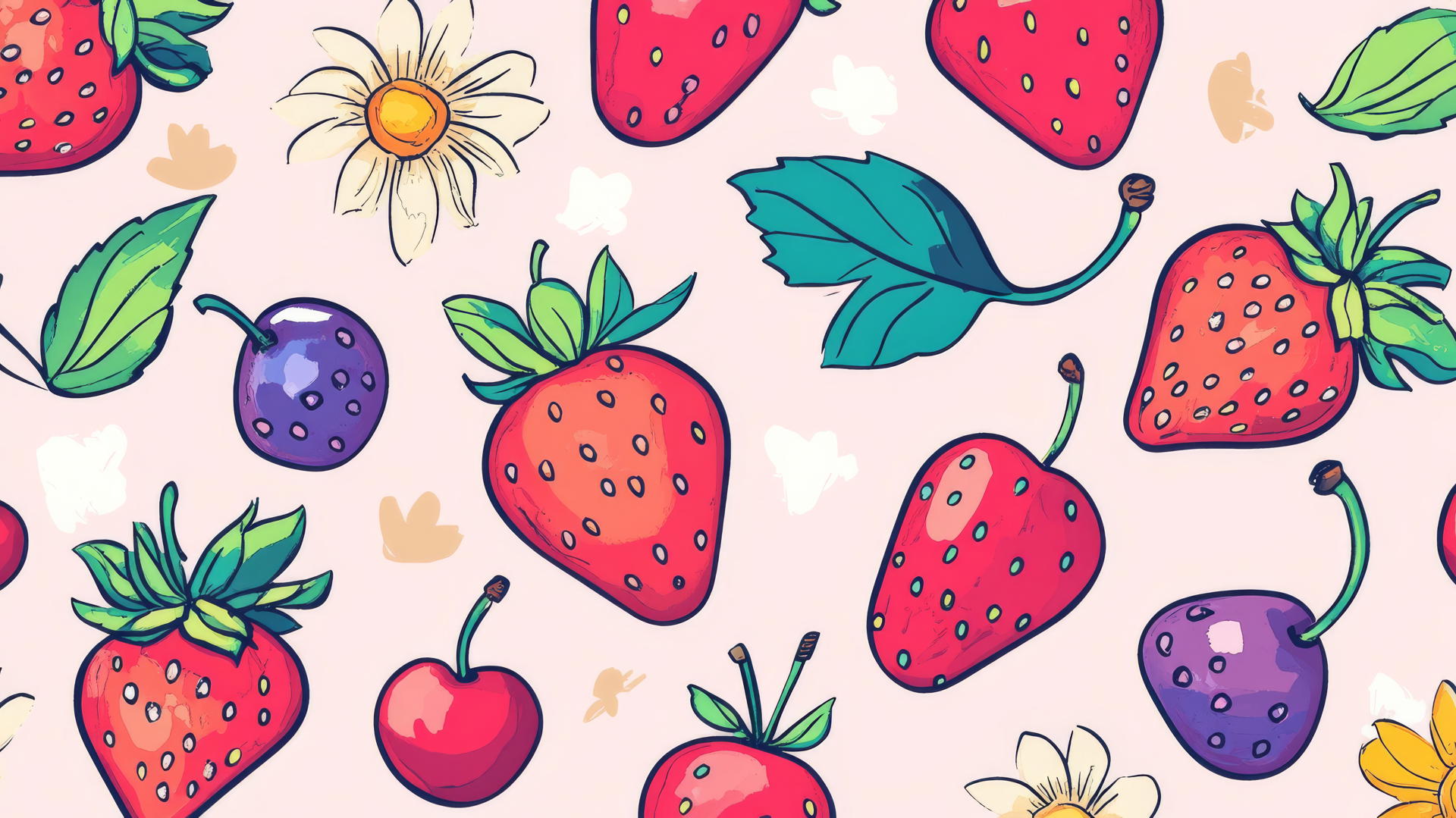 preppy wallpaper with cute doodles of strawberries, cherries, and flowers on a light pink background