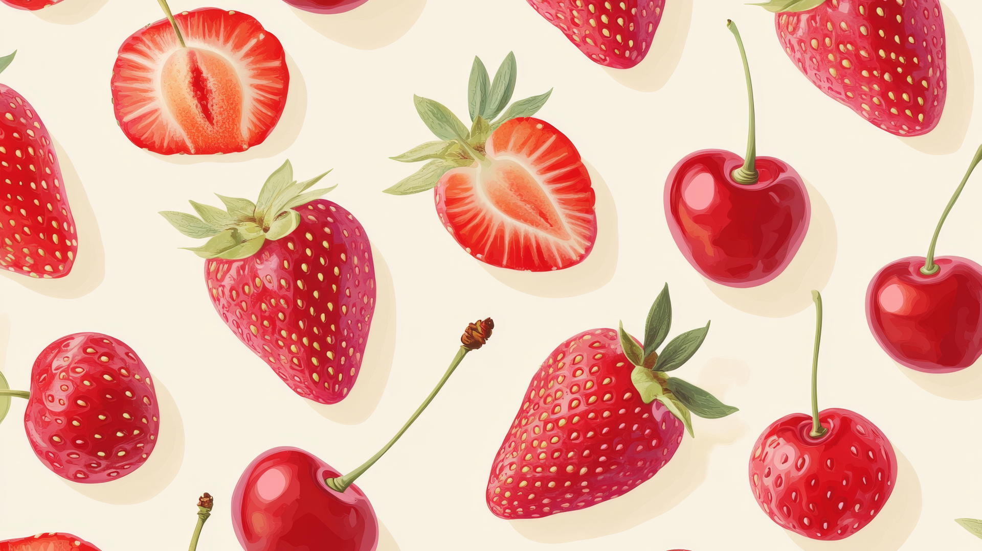 preppy wallpaper with strawberries and cherries on cream background