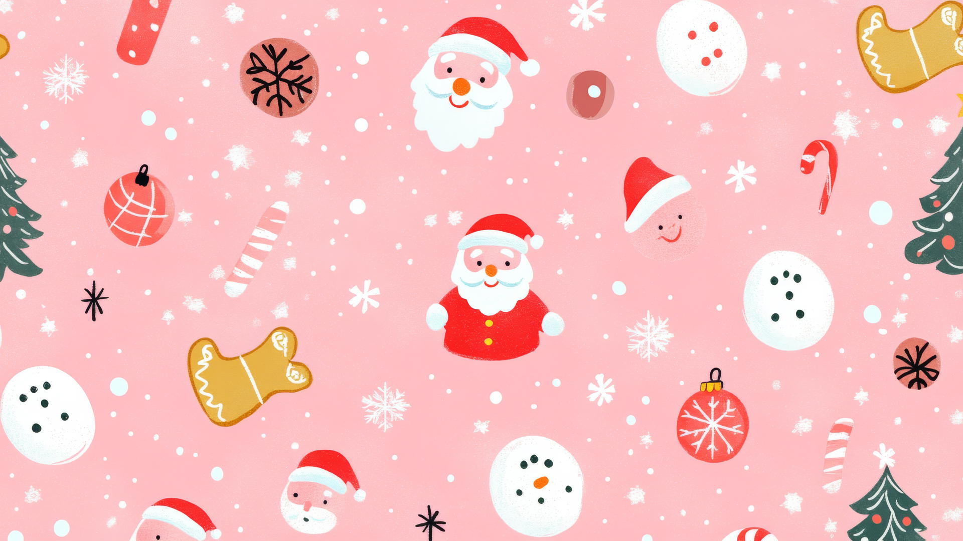 pink preppy wallpaper with Santa, gingerbread cookies, snowmen, and Christmas trees on pastel pink background