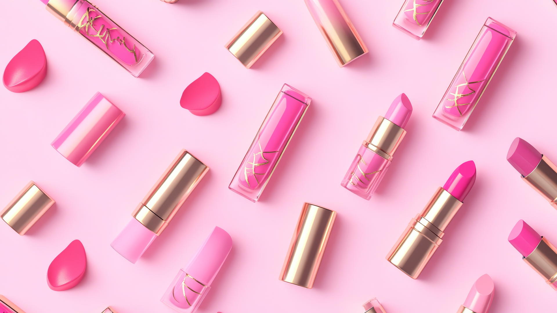 preppy wallpaper pink with chic pattern of pink and gold makeup items