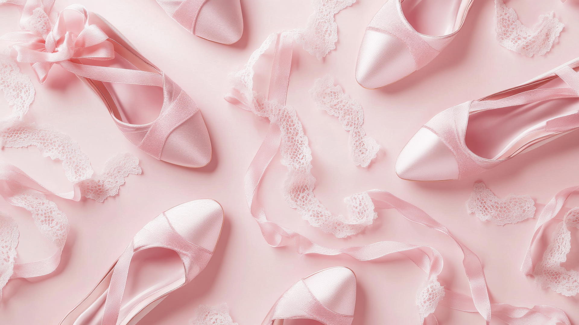 preppy wallpaper pink with ballet slippers, satin ribbons, and white lace motifs