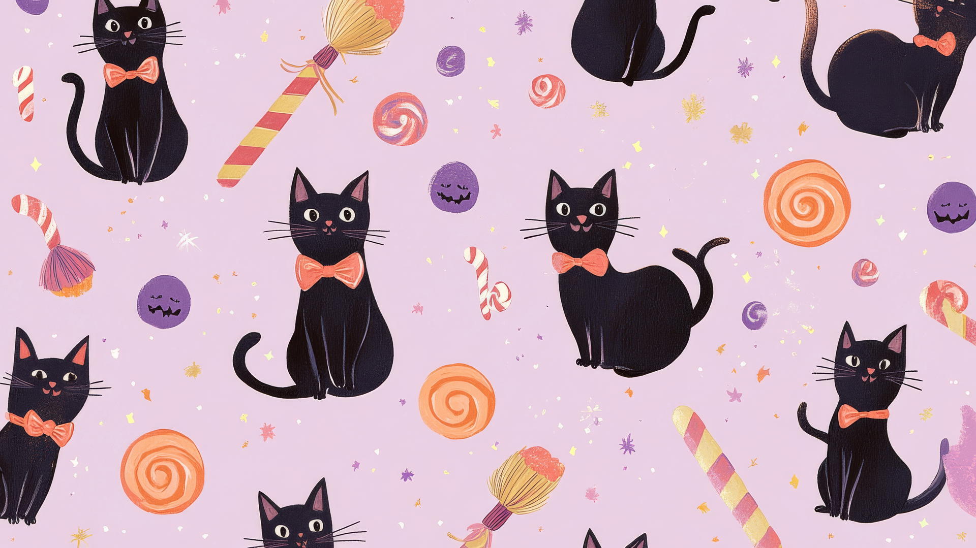 Halloween preppy wallpaper with black cats, witches, candy cane borders on pastel lavender