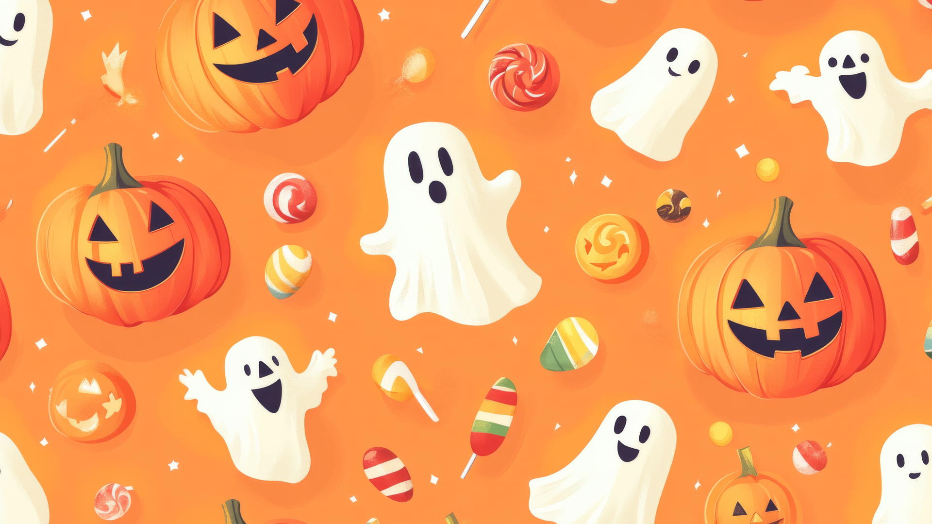 halloween wallpaper preppy with retro jack-o'-lanterns, ghosts, and candy on pastel orange