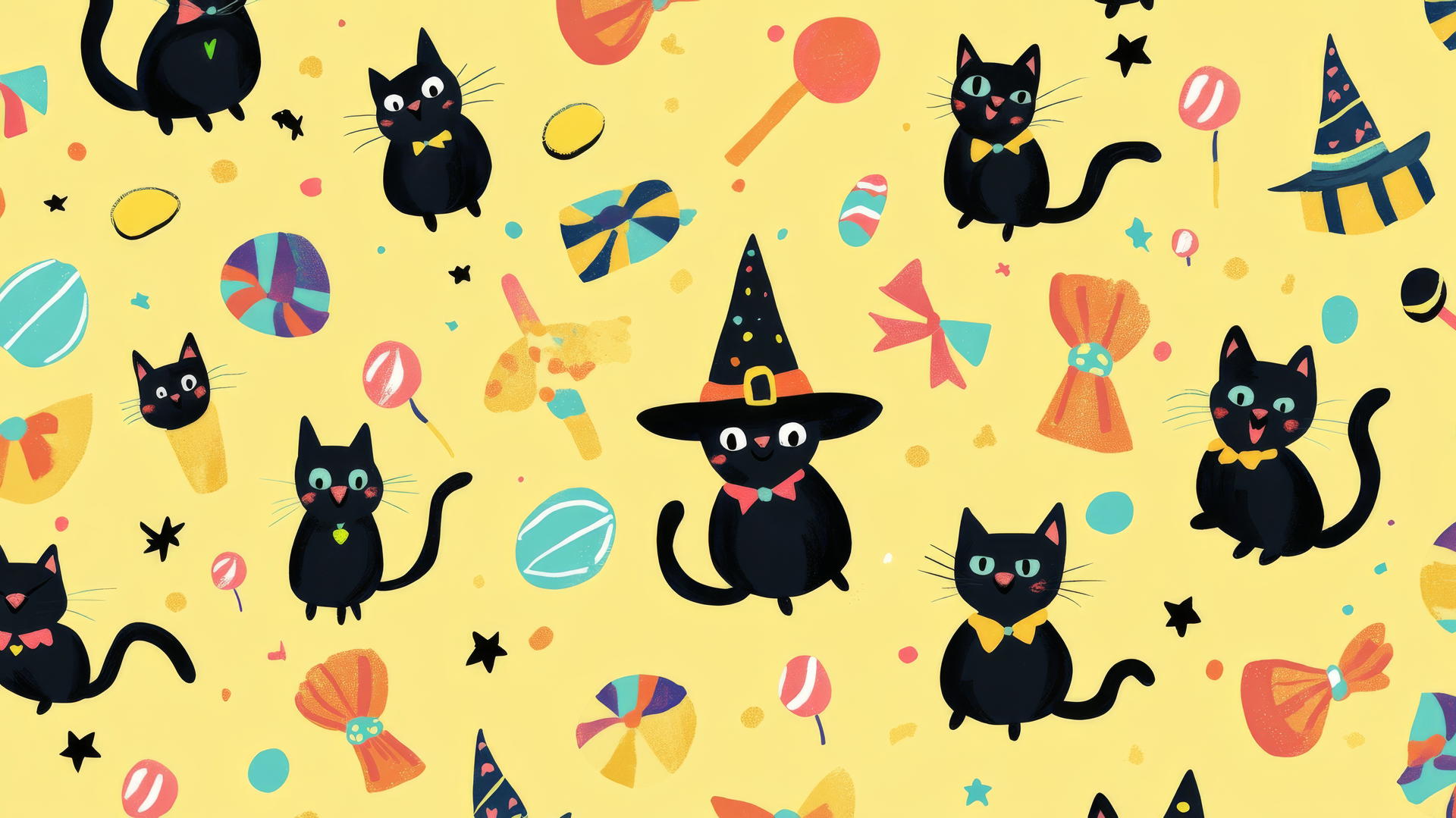 preppy wallpaper halloween with cute witches, black cats, candy, on pastel yellow