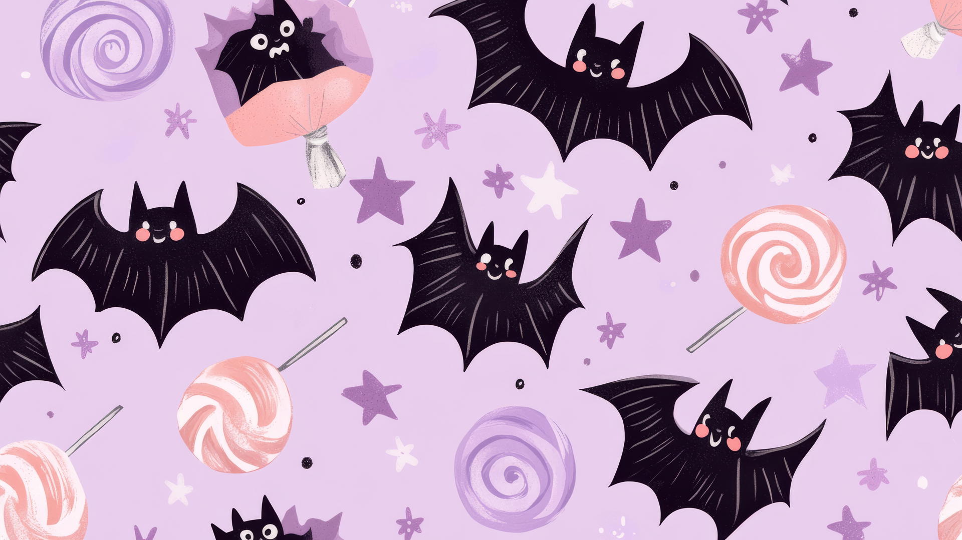 Preppy wallpaper Halloween with bats, candy, and stars on lilac