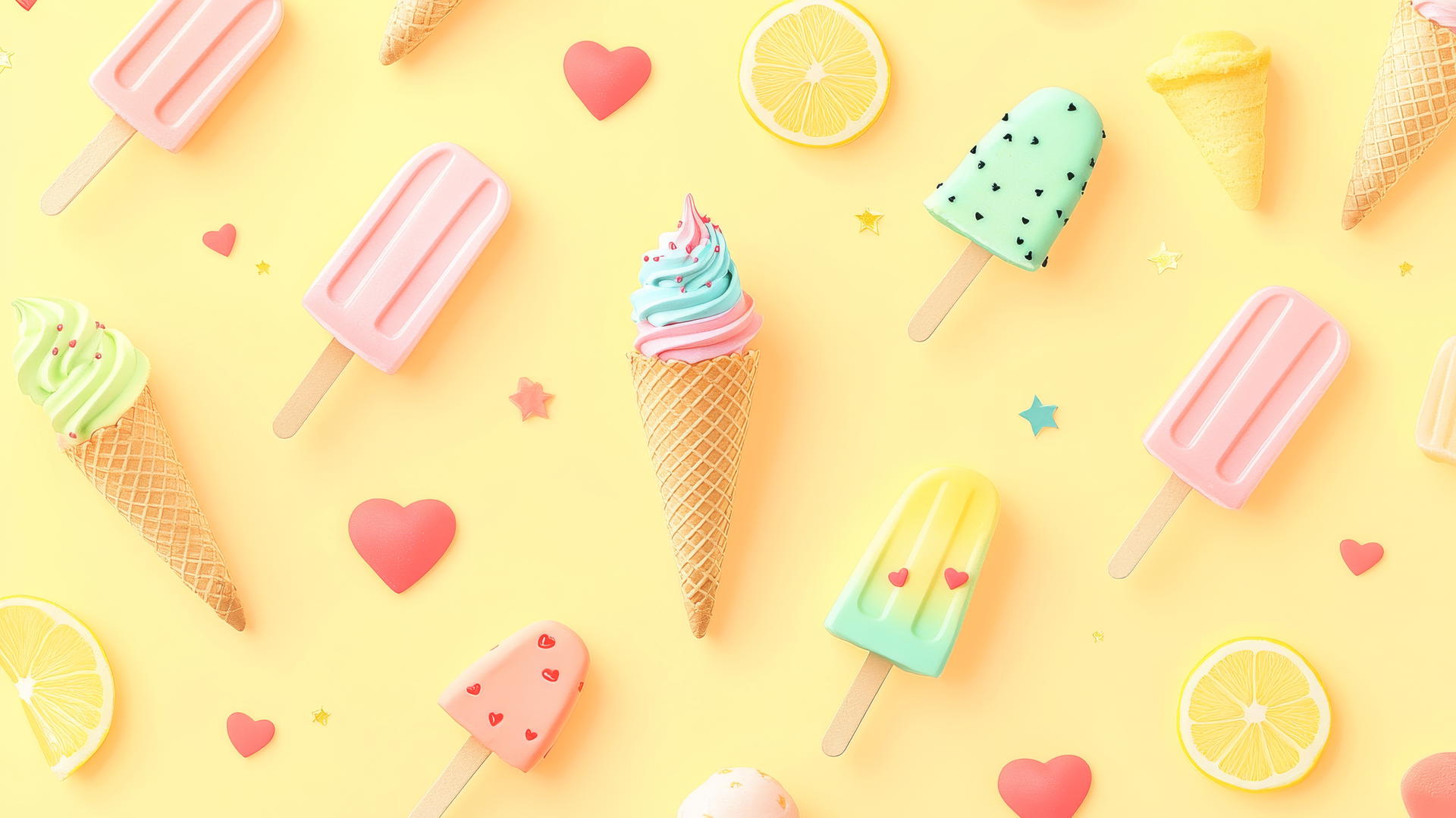 Preppy summer wallpaper with pastel ice cream, popsicles, lemonades, hearts, and stars on yellow background.