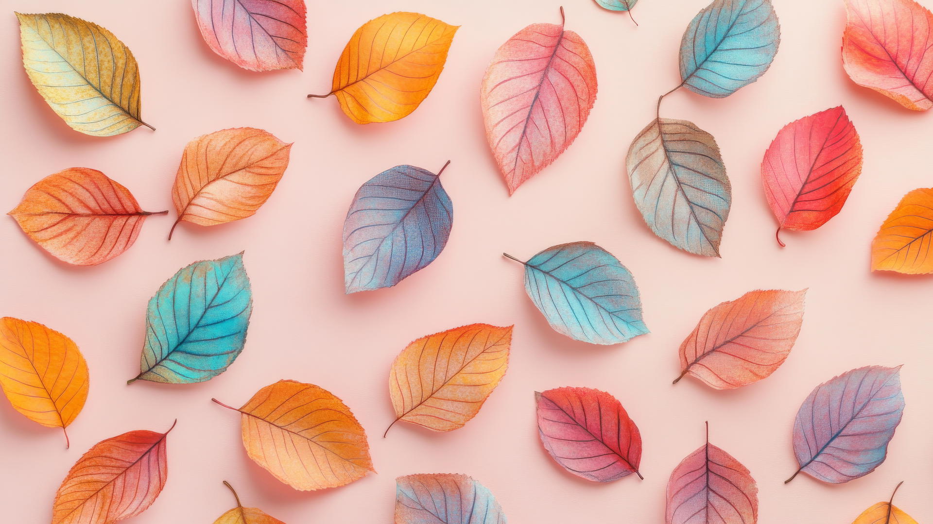 preppy fall wallpaper with colorful leaves and subtle plaid accents on light pink background