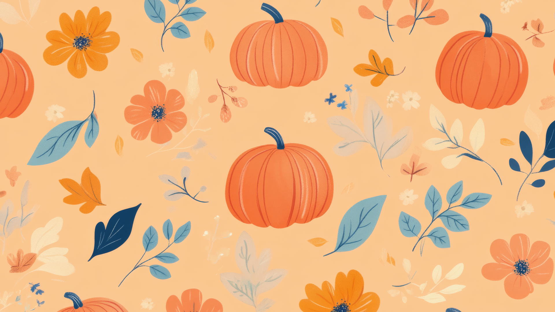 preppy fall wallpaper with hand-drawn pumpkins, leaves, and flowers