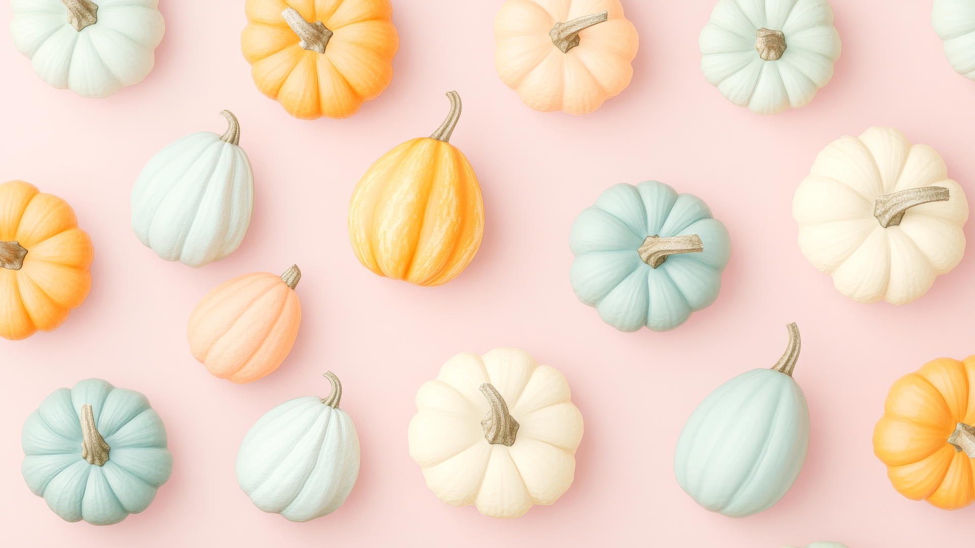 preppy fall wallpaper with pastel pumpkins and gourds on light pink background