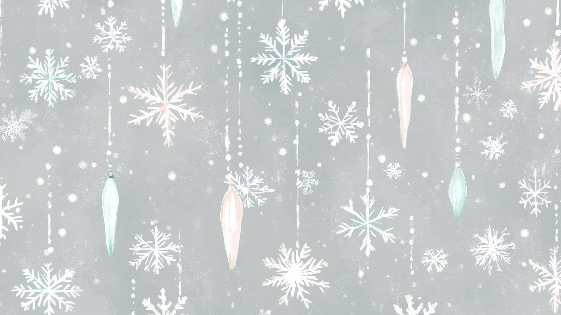 preppy winter wallpaper with pastel-colored snowflakes and delicate icicles on soft gray background