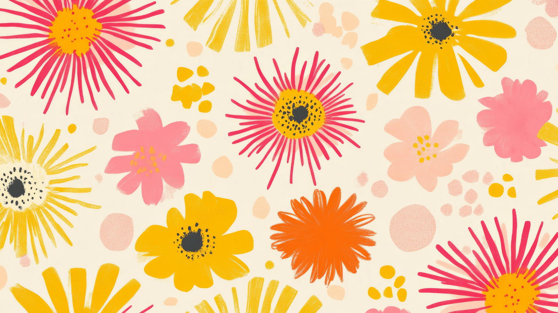 preppy spring wallpaper with sunbursts and abstract flowers in vibrant yellows, pinks, and oranges on a pastel background