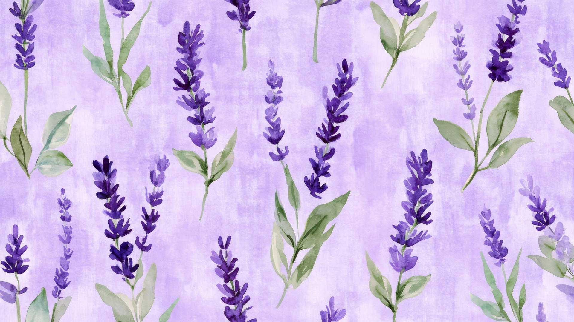 Preppy purple wallpaper with lavender sprigs and delicate green leaves in watercolor