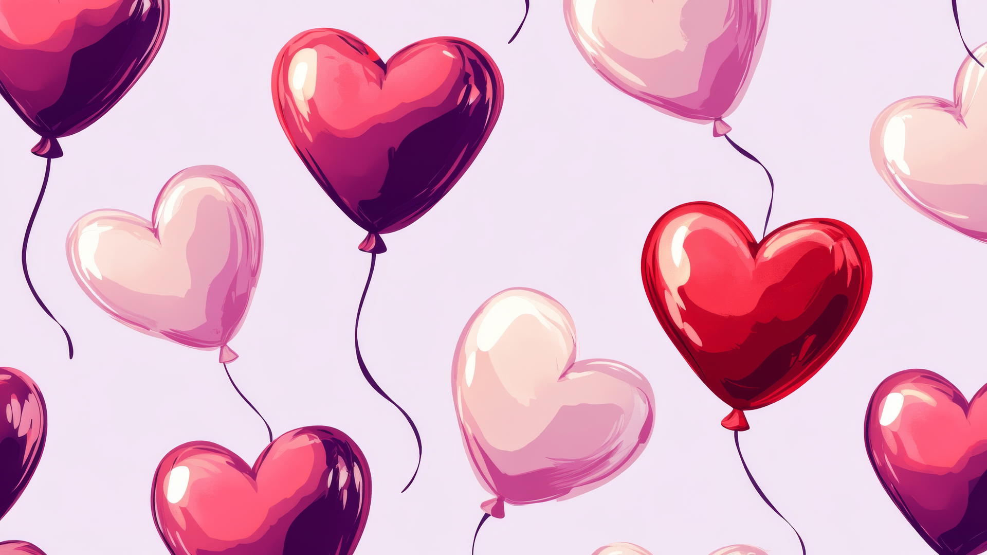 preppy valentines wallpaper with heart-shaped balloons in pink and red against pastel purple background