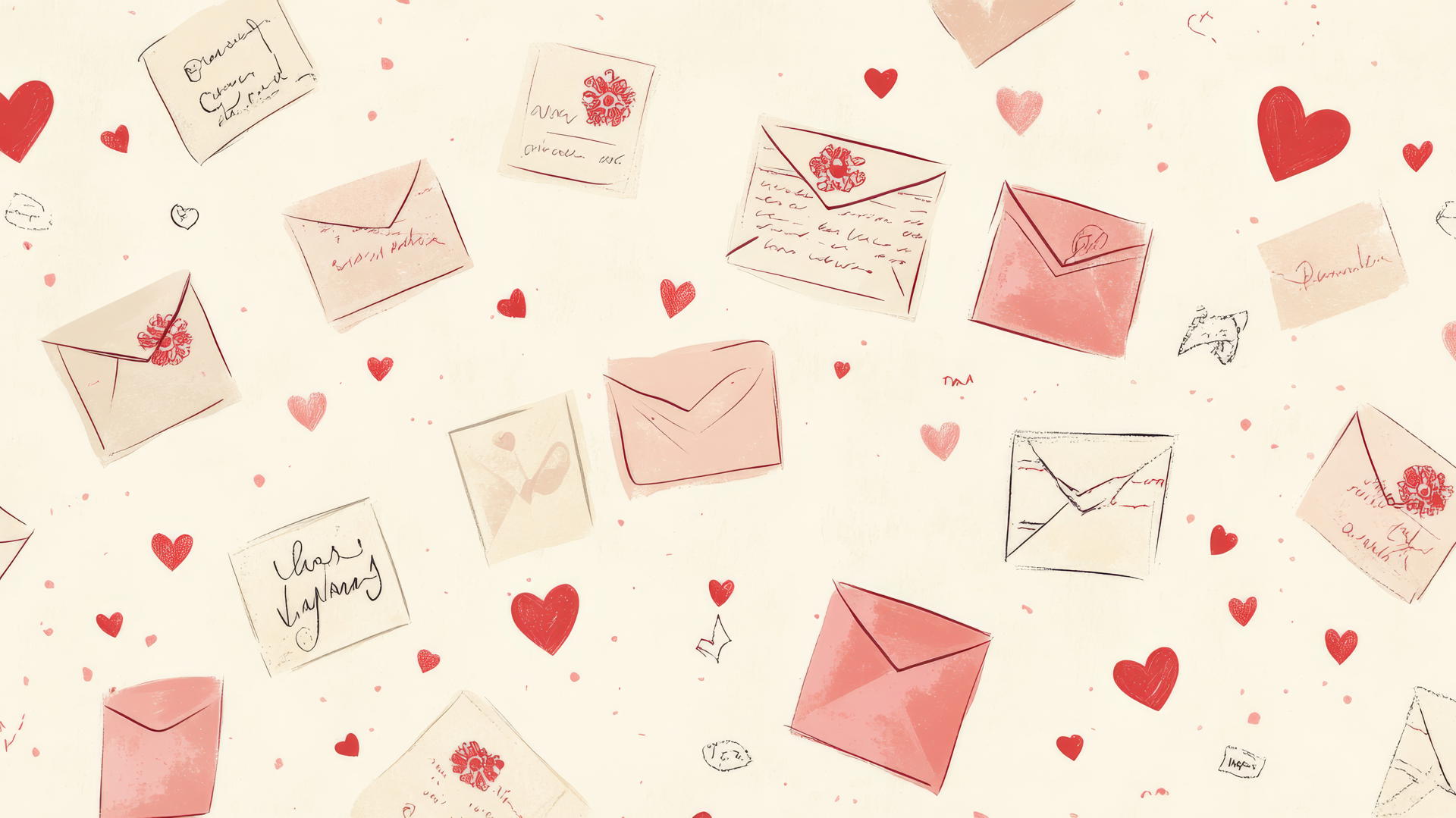 Preppy Valentines wallpaper with vintage-style hand-drawn envelopes, love letters, red and pink hearts on a cream background.