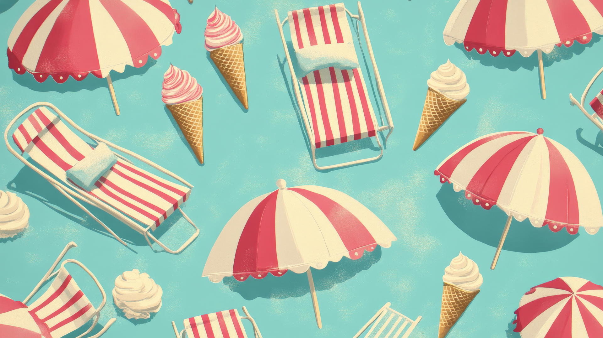 Vintage preppy beach wallpaper with striped umbrellas, lounge chairs, and ice cream cones