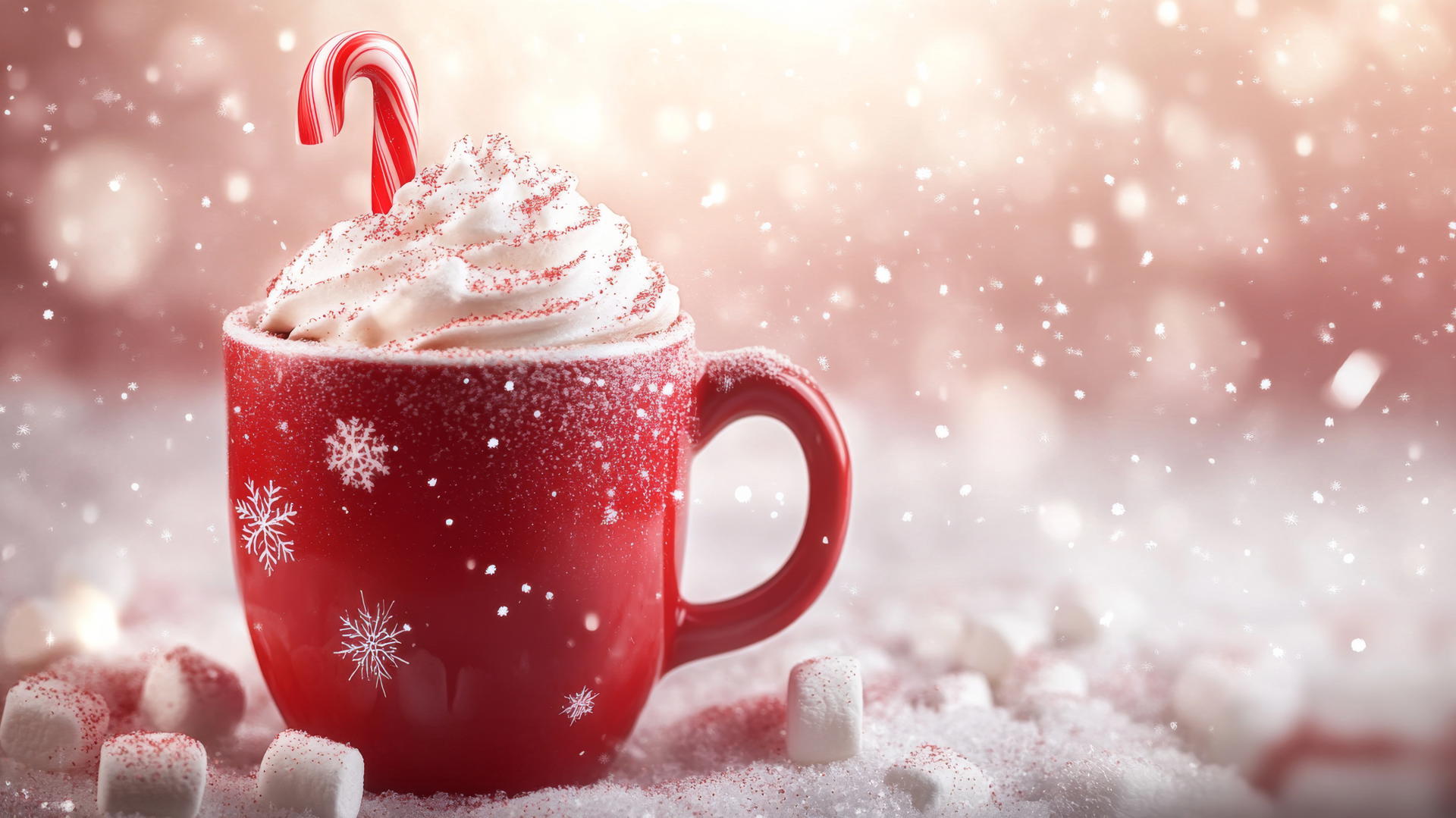 cute wallpapers for Christmas with hot cocoa, whipped cream, marshmallows, candy cane