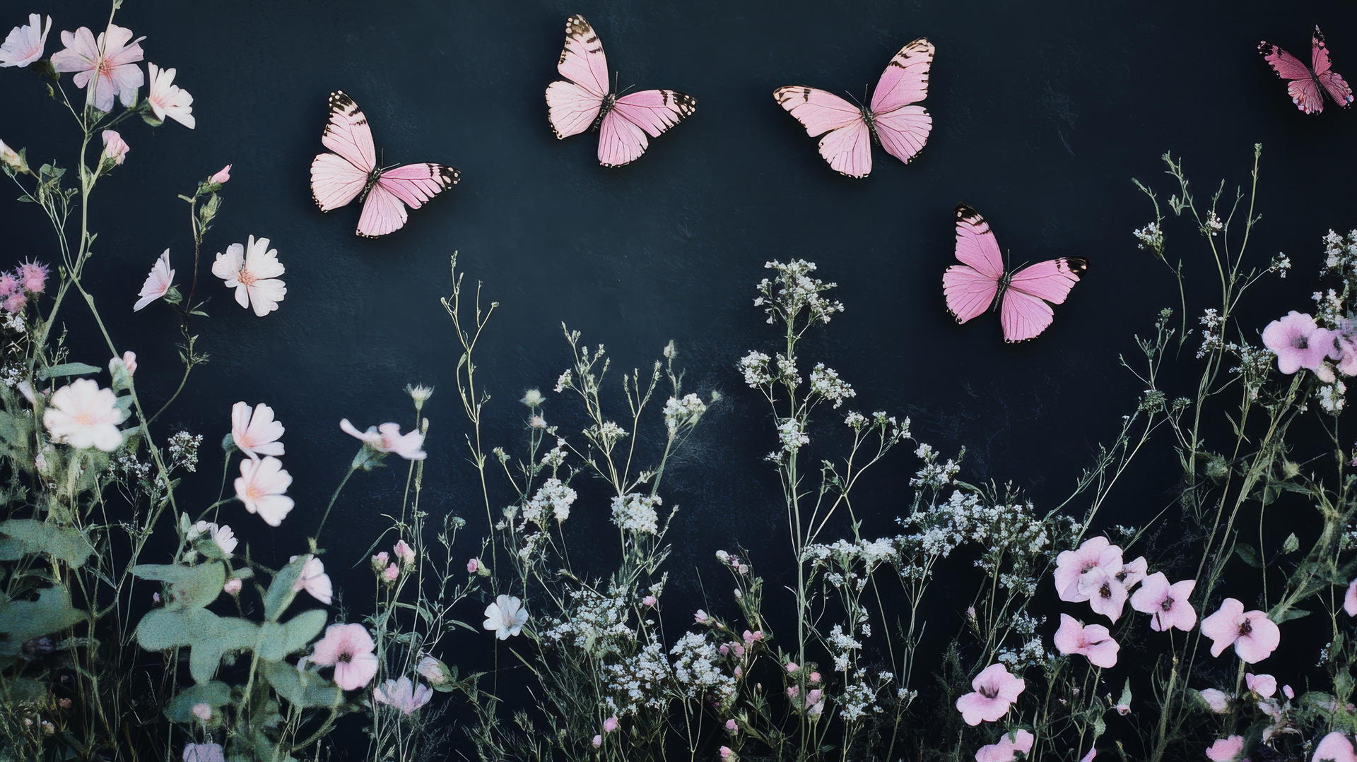 Black wallpaper for girls with pink butterflies and soft flowers