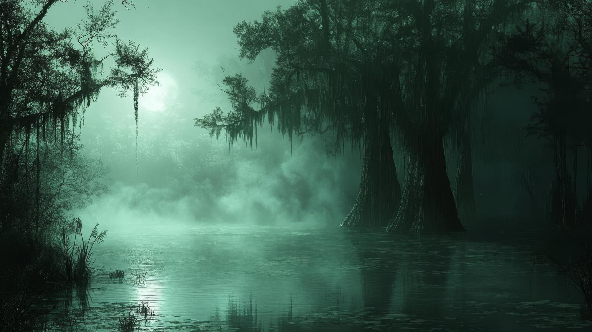 dark green wallpaper with a misty swamp scene, shadowy trees, and faint moonlight
