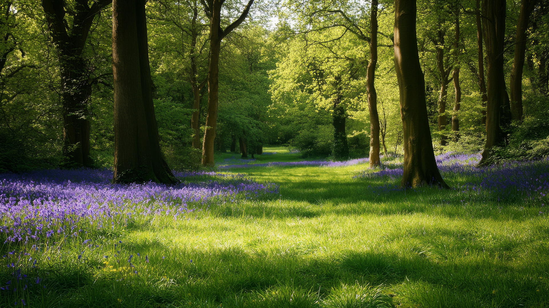 A peaceful flower nature wallpaper of a meadow with bluebells under shaded trees.