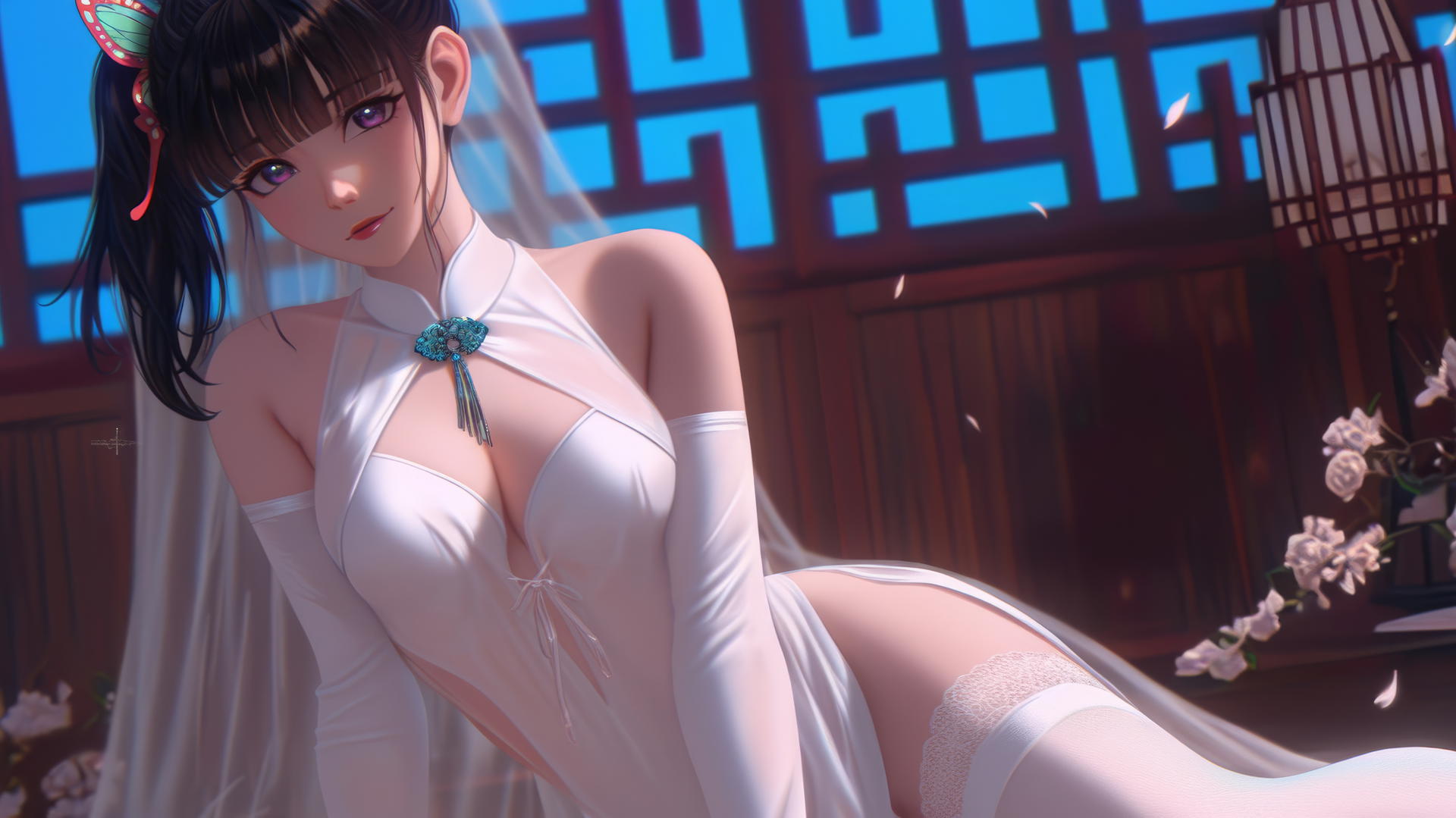 Kanao Tsuyuri in a wedding dress at a modern hotel with warm light highlighting her figure.