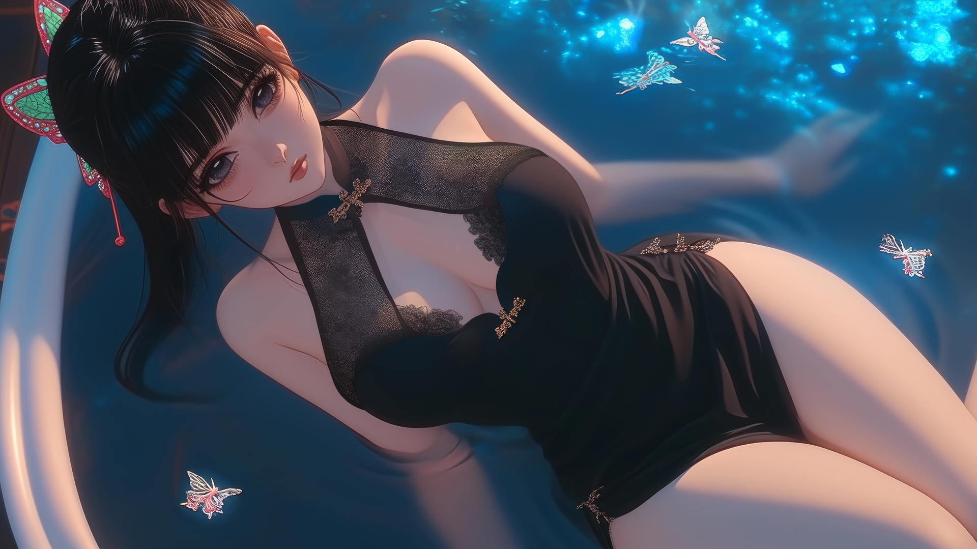 Kanao Tsuyuri from Demon Slayer resting in a bathtub, warm light highlights her figure.