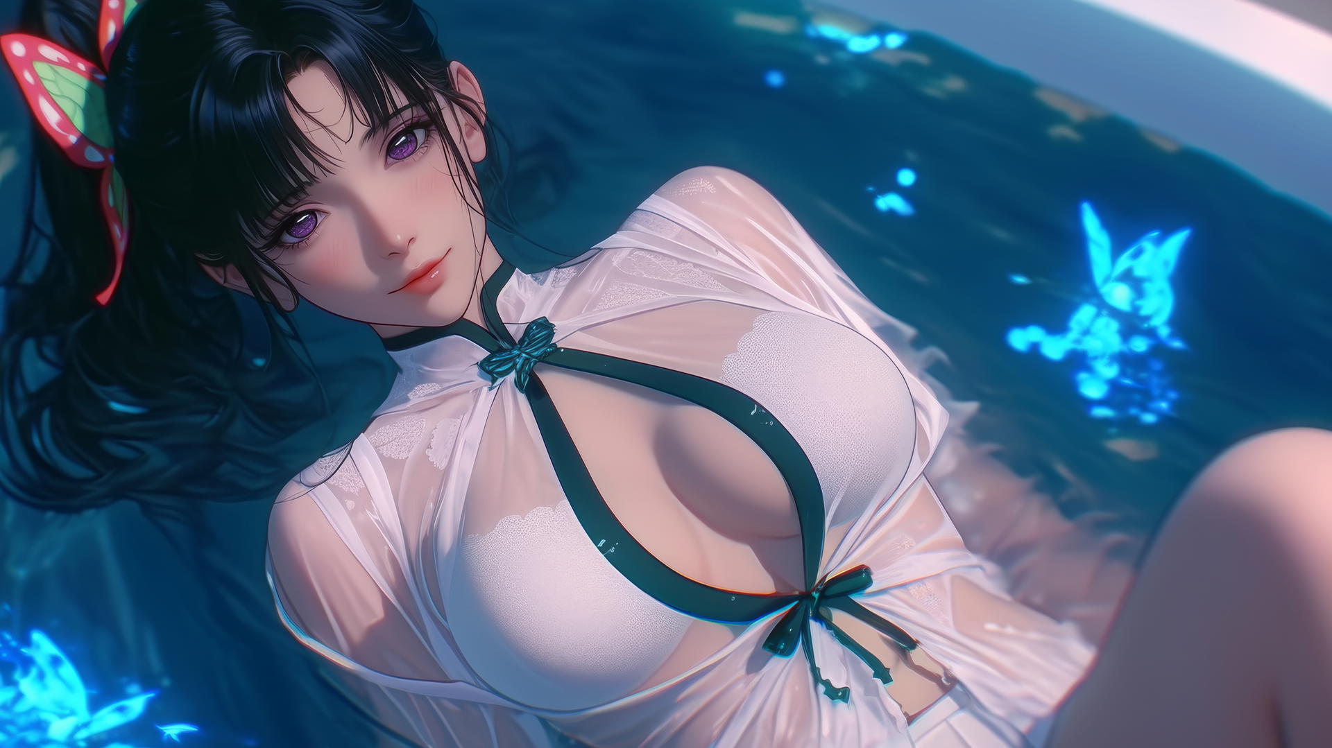 Kanao Tsuyuri resting in a tub, modern apartment, warm light, black hair, ponytail.