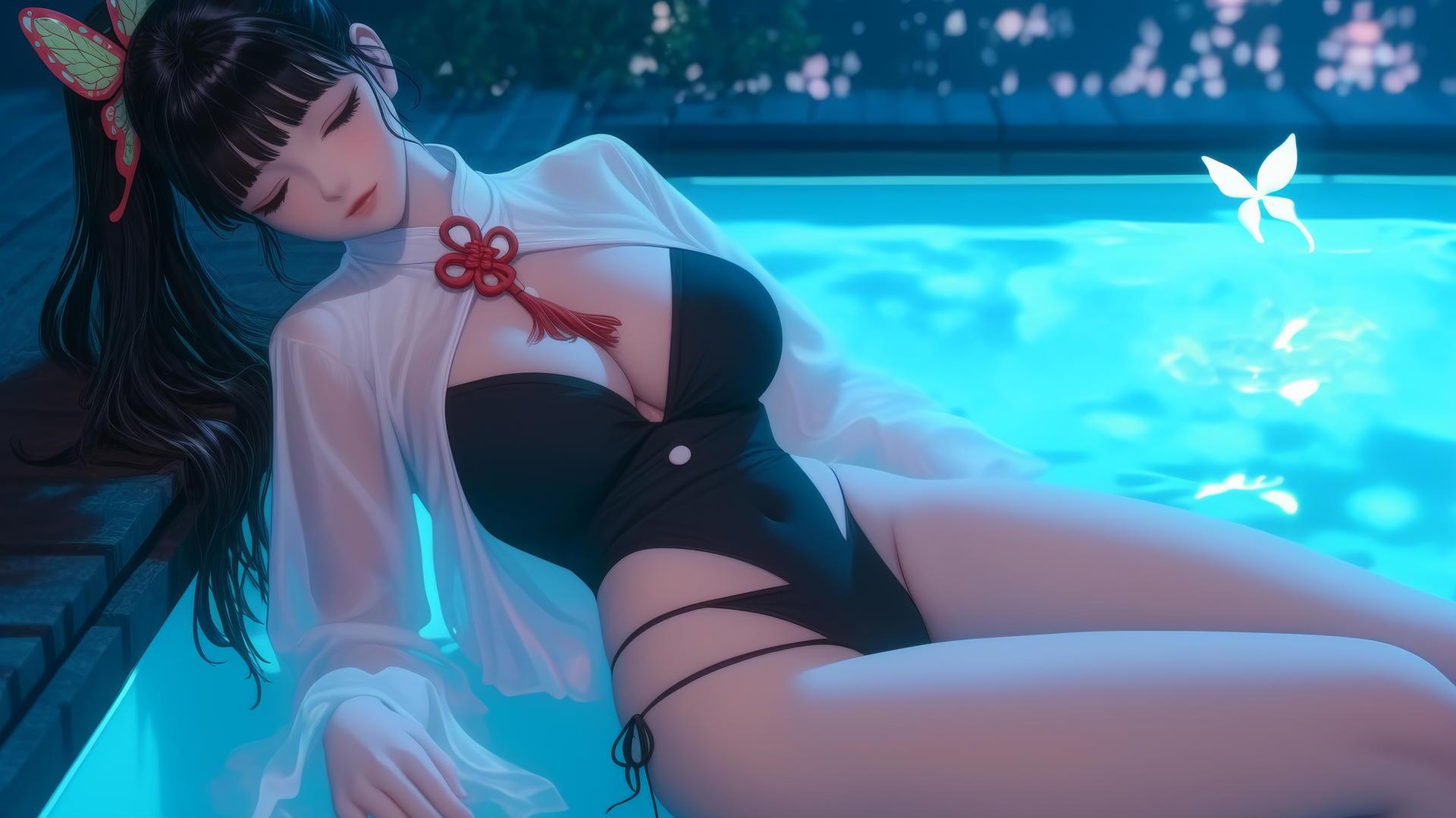 Kanao Tsuyuri from Demon Slayer resting in a tub in a modern apartment with warm light