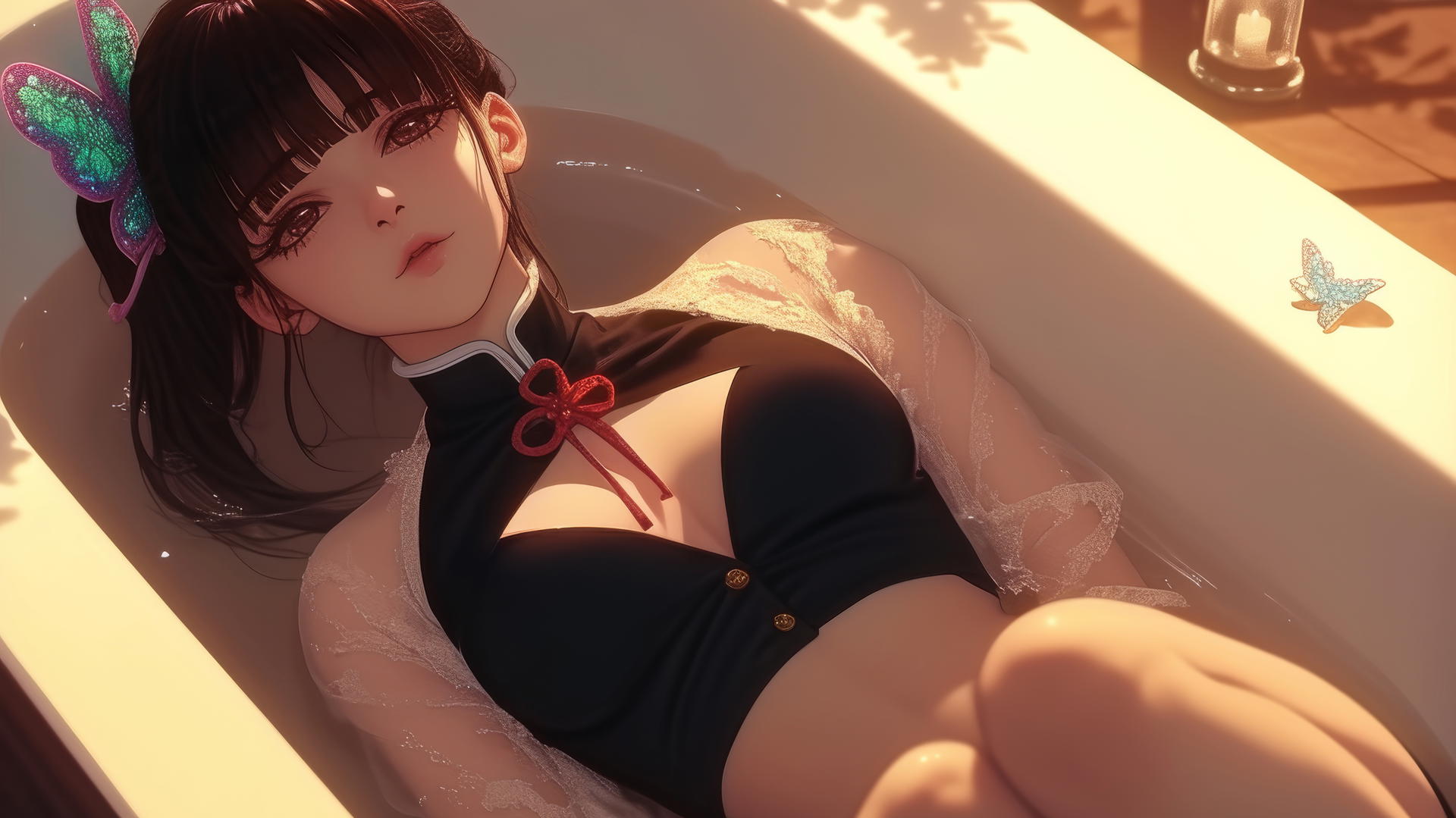 Kanao Tsuyuri from Demon Slayer relaxing in a modern apartment tub, warm light