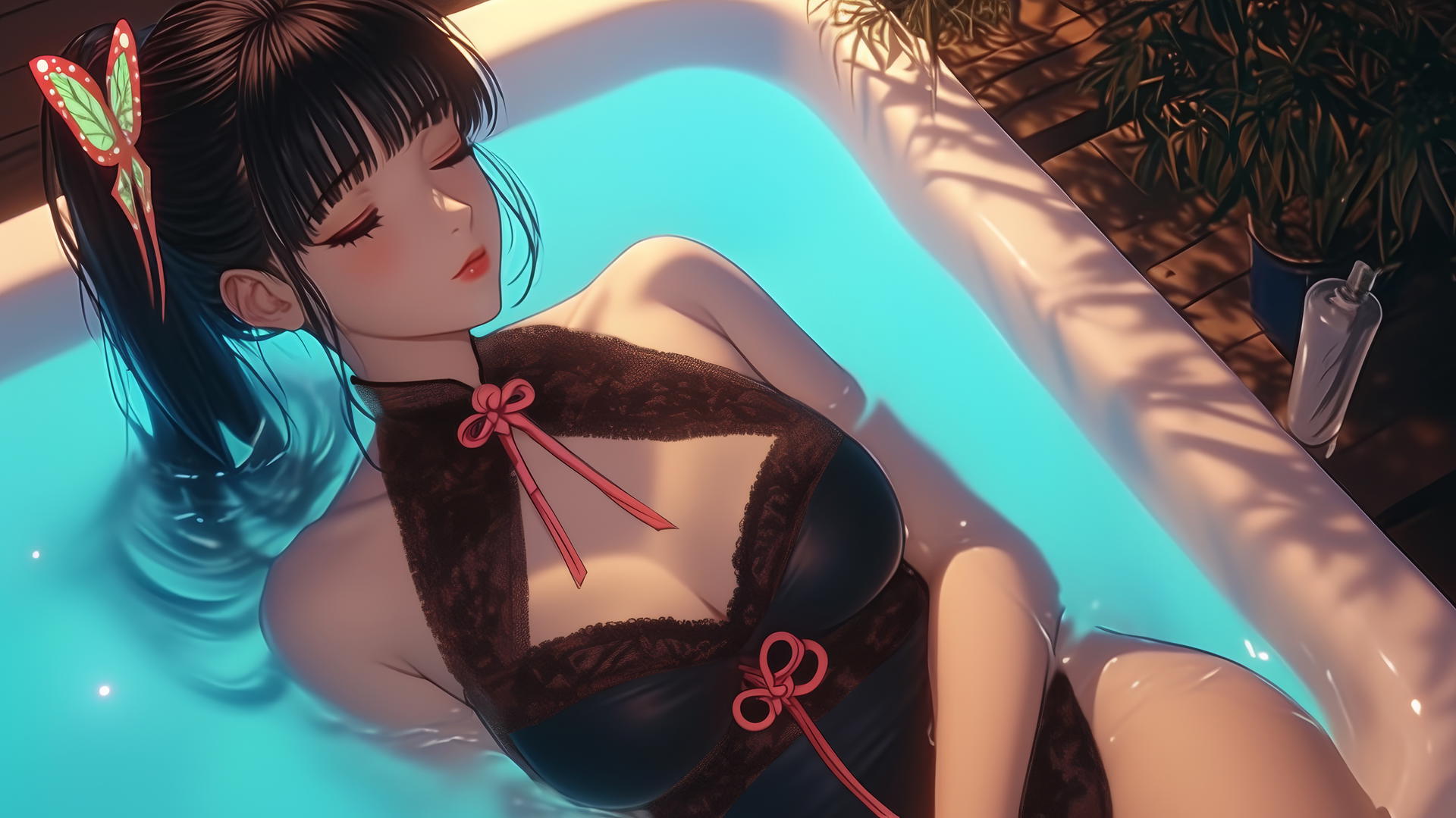 Kanao Tsuyuri resting in a modern apartment tub, warm light highlighting her figure.
