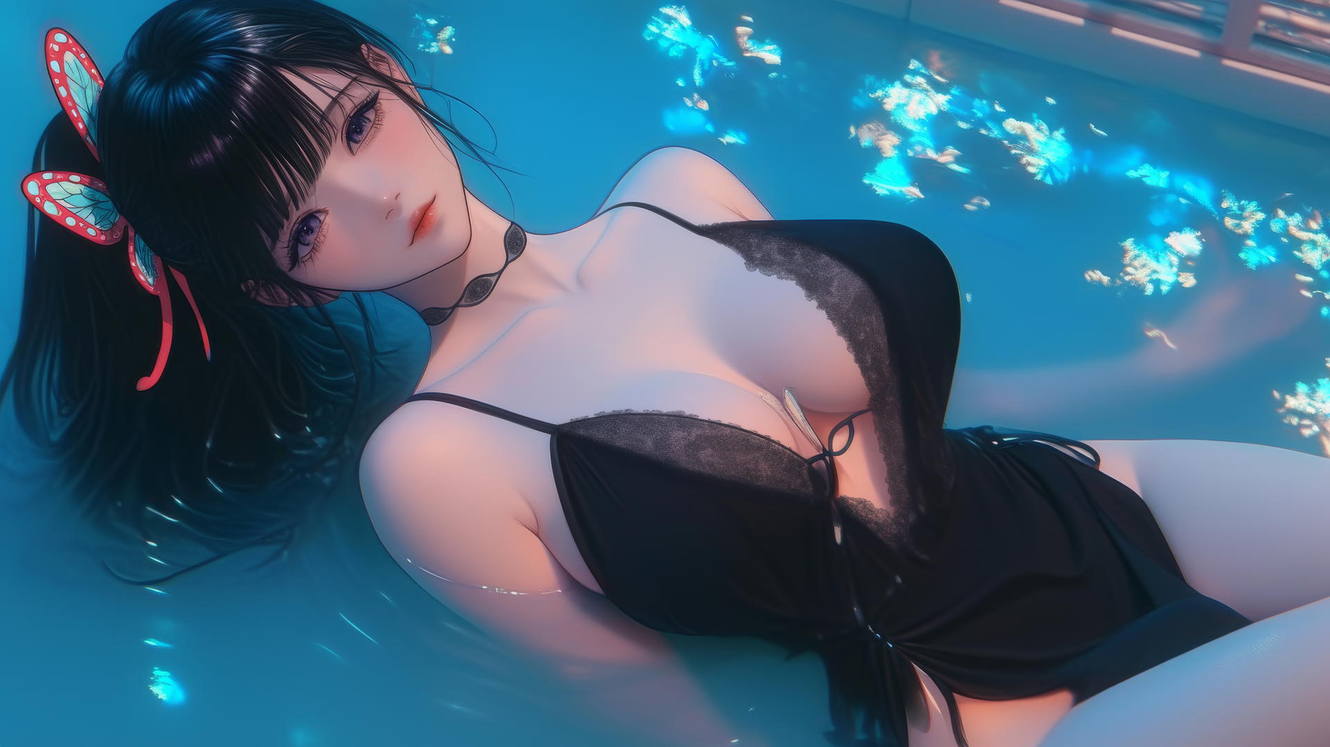 Kanao Tsuyuri from Demon Slayer resting in a lit tub, side ponytail with butterfly ornament, gentle eyes.