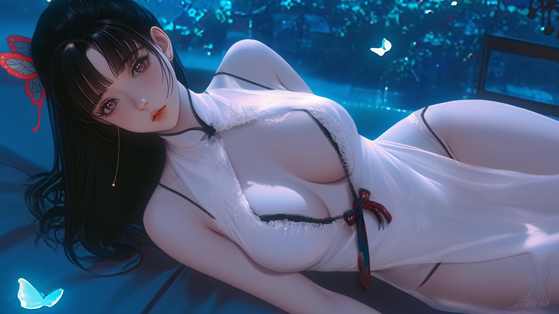 Kanao Tsuyuri from Demon Slayer resting in a modern apartment with warm light highlighting her figure and legs.