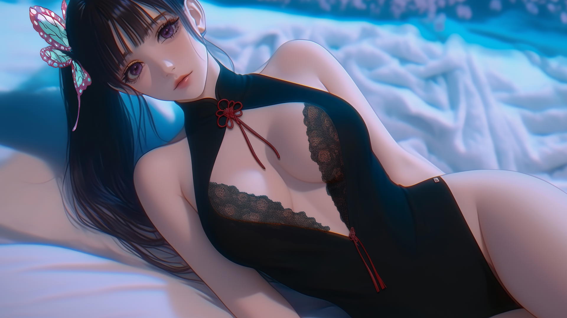 Kanao Tsuyuri resting in a modern apartment, warm light highlighting her figure and legs.