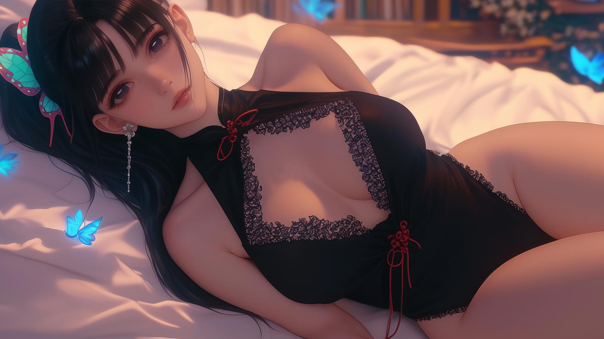 Kanao Tsuyuri from Demon Slayer resting at a modern apartment with soft warm lighting.