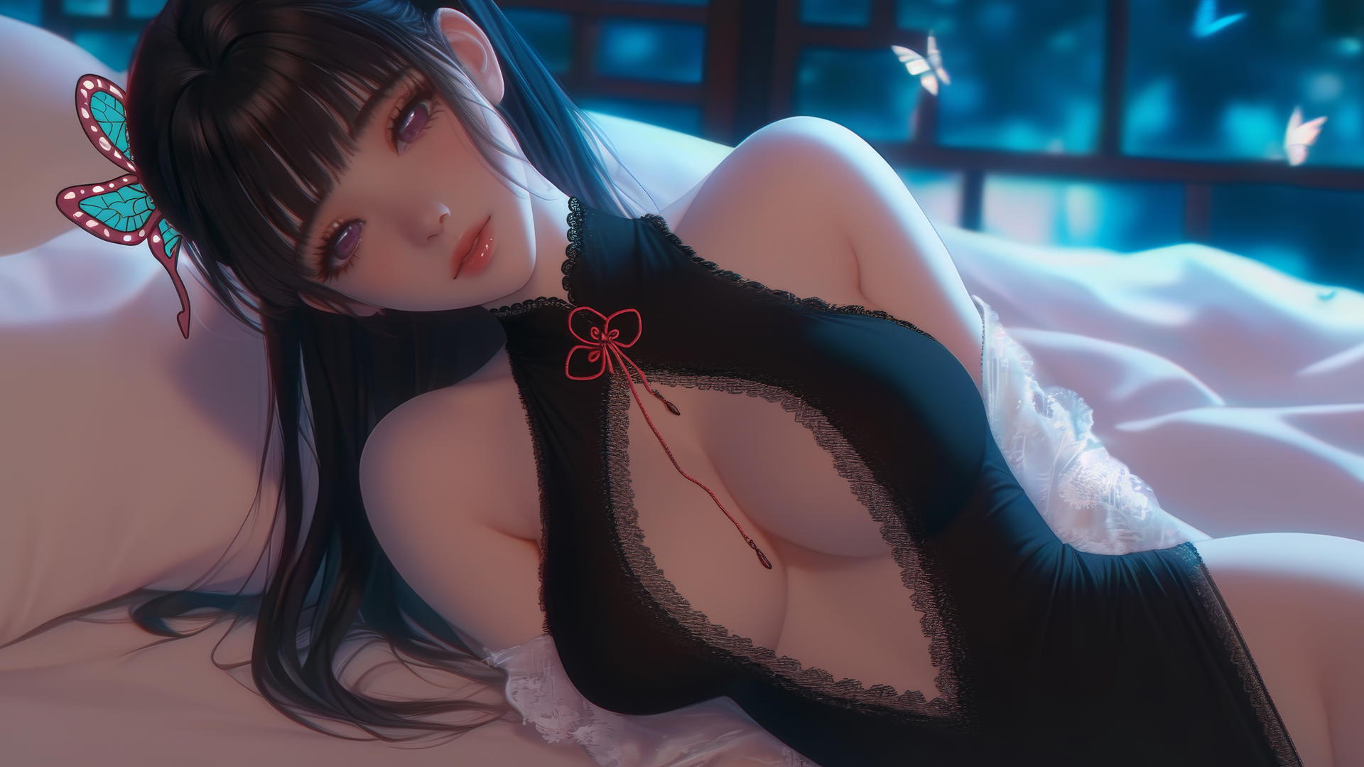 Kanao Tsuyuri kneeling and looking down, warm light highlighting her figure and legs.