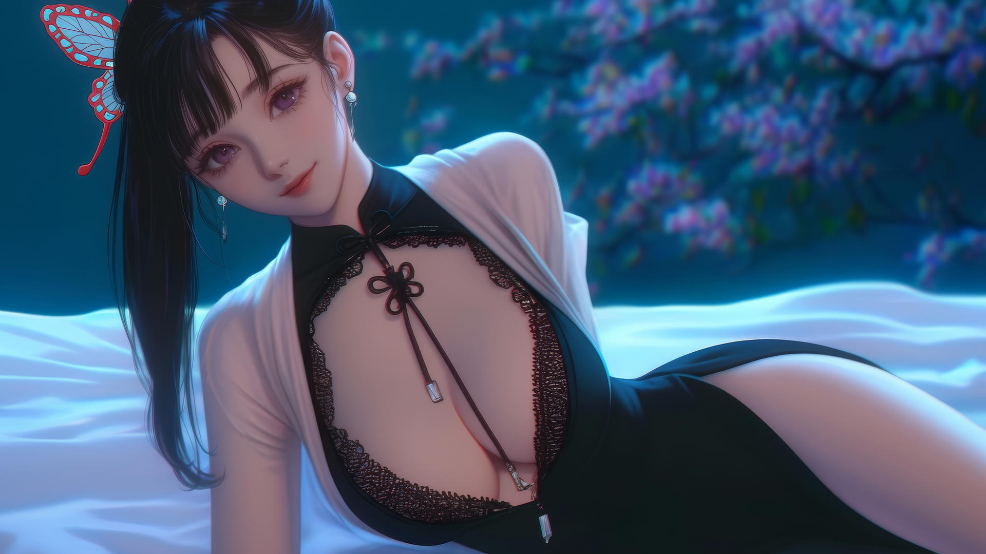 Kanao Tsuyuri kneeling with warm light highlighting her figure and legs