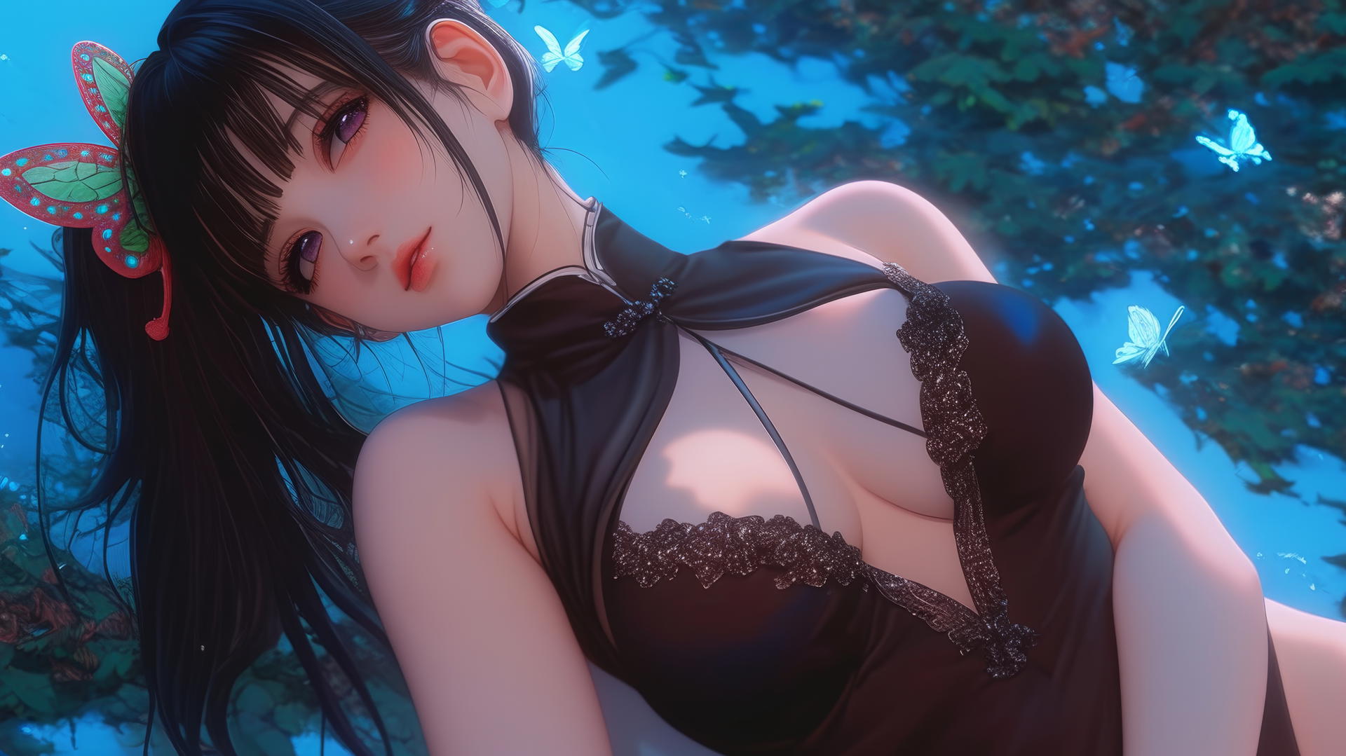 Kanao Tsuyuri kneeling with soft warm light highlighting her figure and legs