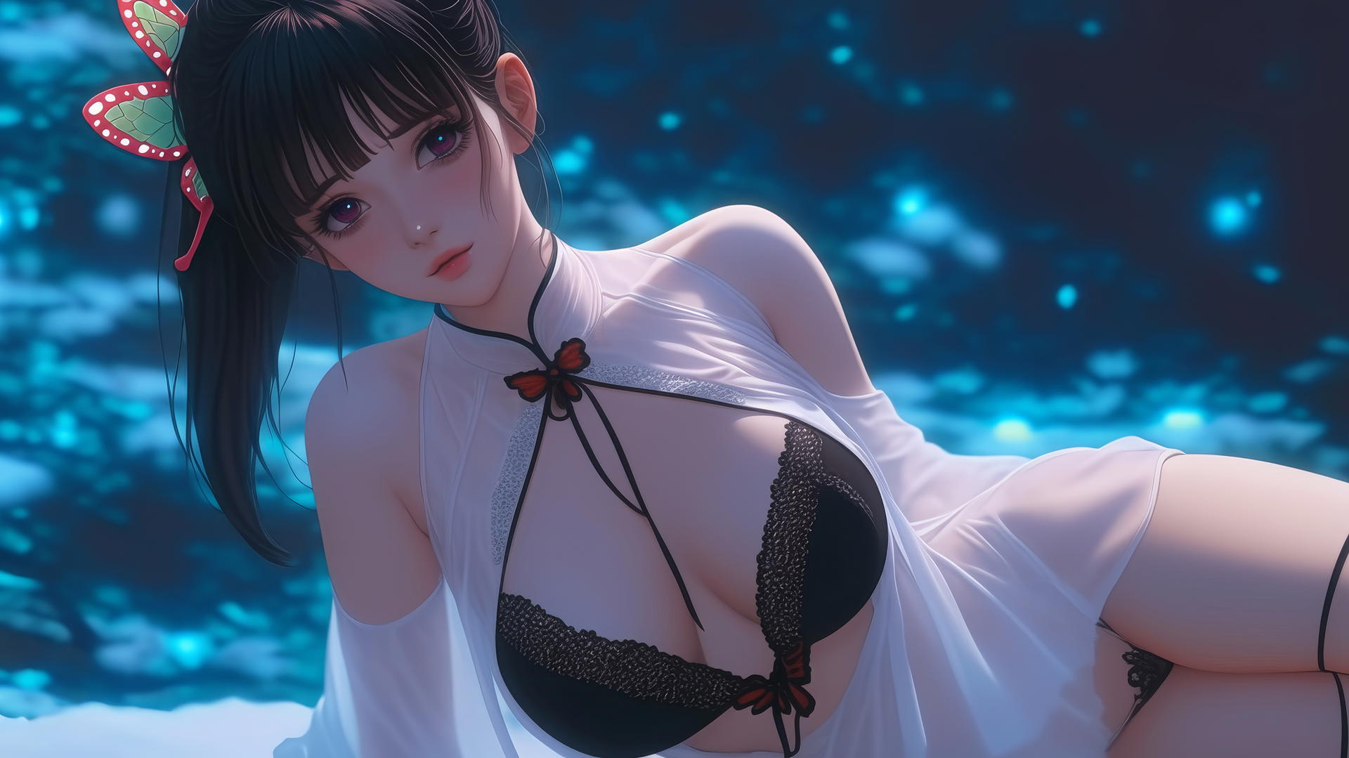 Kanao Tsuyuri from Demon Slayer kneeling, viewed from below, warm light glow.