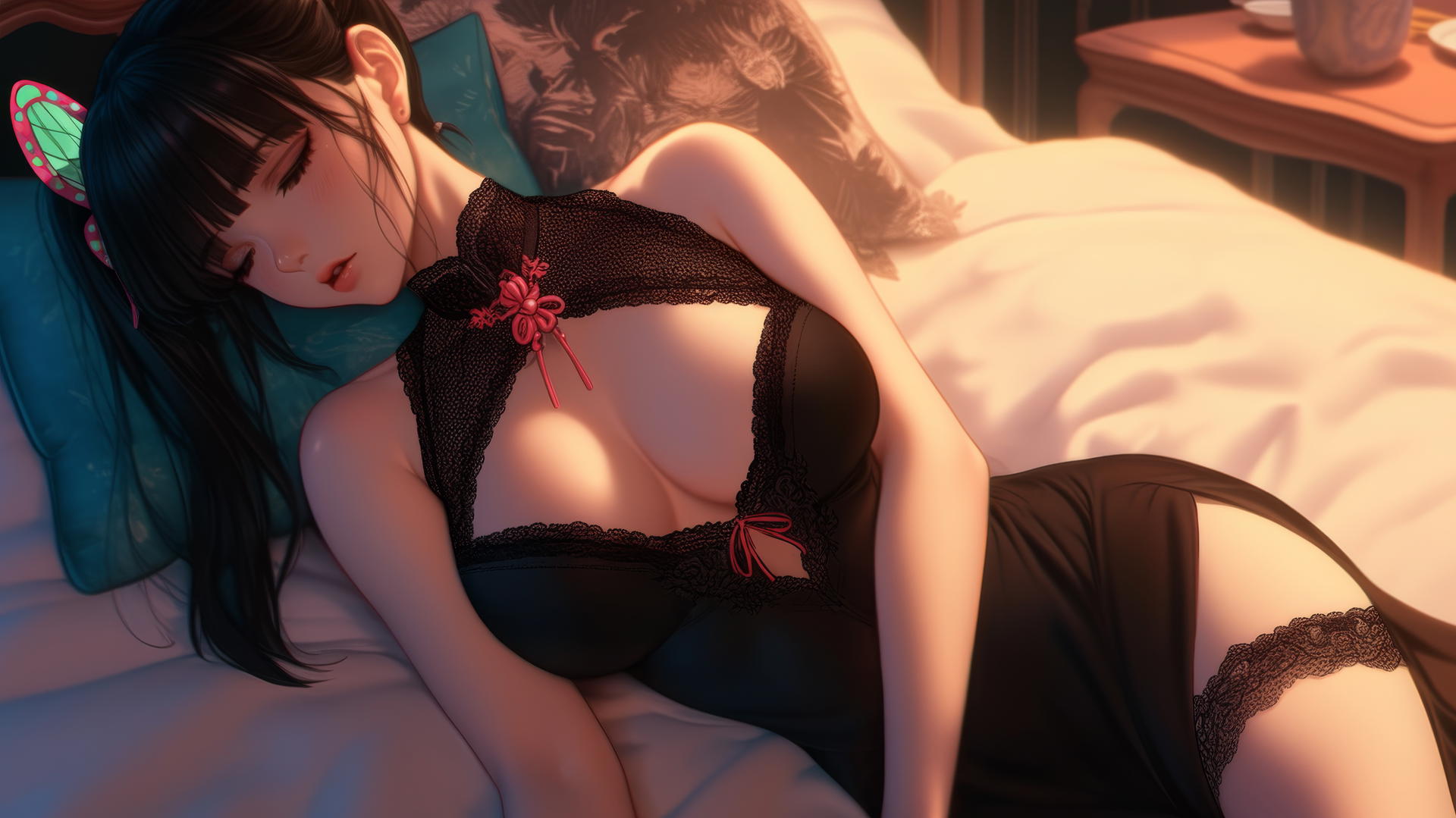 Kanao Tsuyuri from Demon Slayer resting in a modern hotel room with warm lighting
