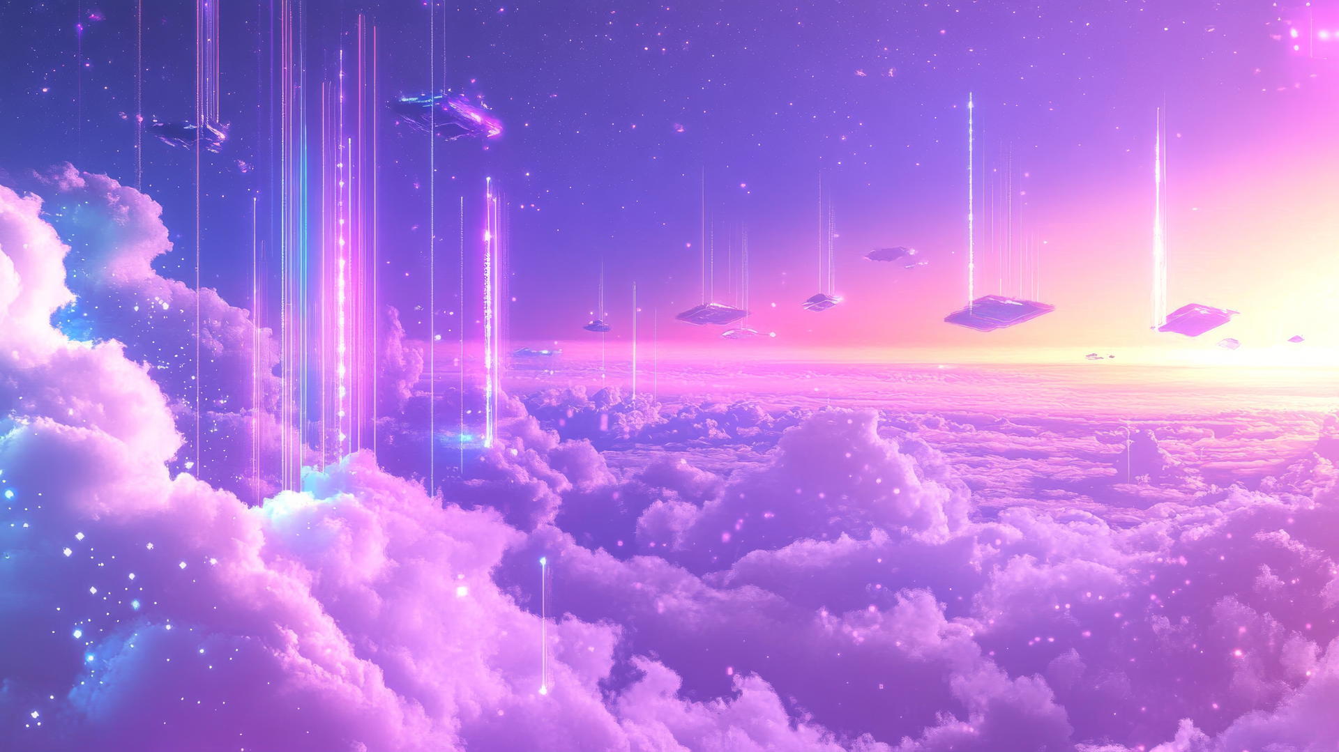 Y2K aesthetic wallpaper with holographic shapes and pixelated clouds