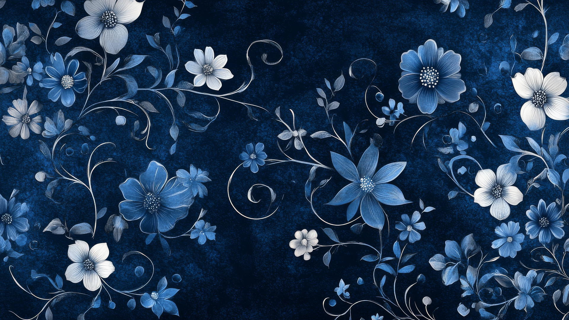 blue wallpaper with floral pattern and silver vines